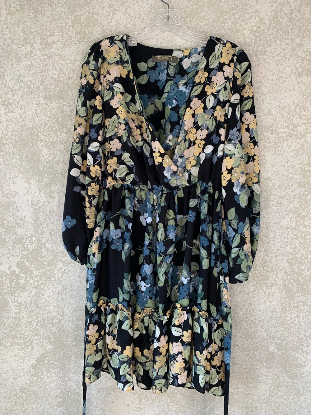 Melonie T Floral Long-Sleeve V-Neck Dress in Black